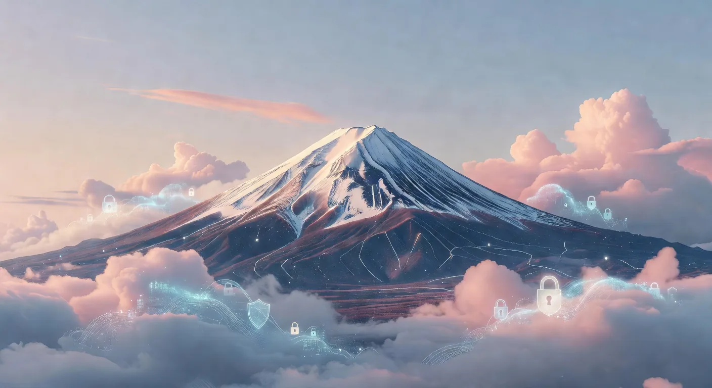 富士山とセキュアクラウド — 日本のクラウドセキュリティと自然の調和を象徴するビジュアル